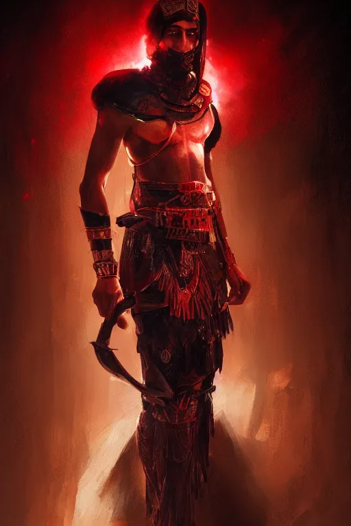 Image similar to egyptian warrior, portrait, fierce, intricate, elegant, red volumetric lighting, digital painting, highly detailed, artstation, sharp focus, illustration, concept art, ruan jia, steve mccurry