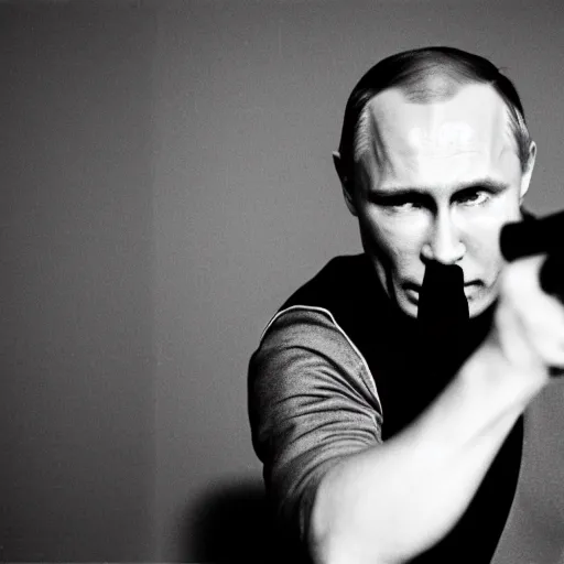 Prompt: photo of putin pointing a gun, black and white, dramatic, cinestill, 800t, 35mm, full-HD