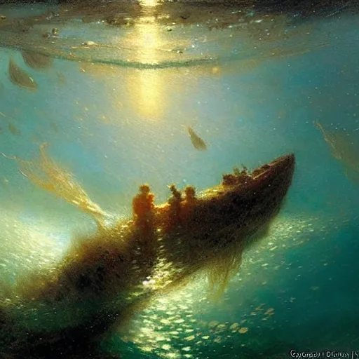 Image similar to point of view of deep in the ocean looking up, you see fishes, the milk way, night time, midnight, no sunlight. highly detailed painting by gaston bussiere, greg rutkowski 8 k