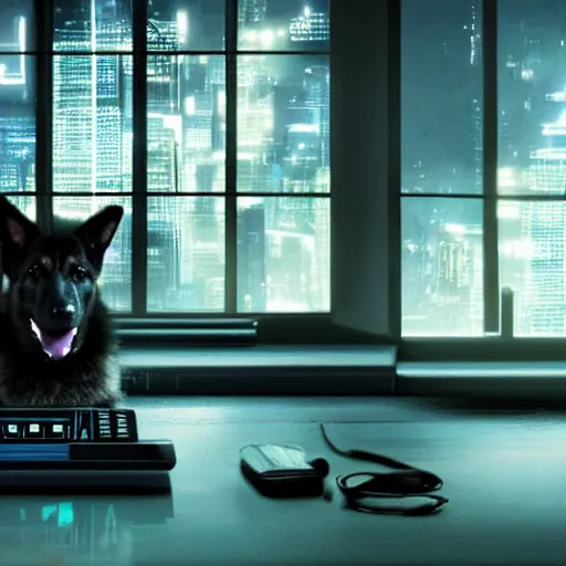 Prompt: a dark cyberpunk room, big windows overlooking a futuristic and neon city, in the middle of the room a German shepherd dog typing on a computer terminal