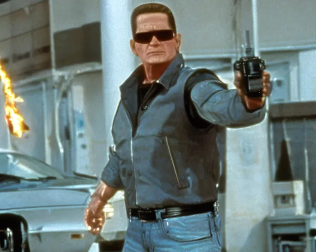 Prompt: a still of hank hill in terminator 2 judgement day