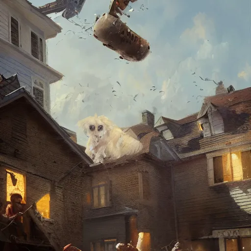 Image similar to a highly detailed oil painting of a giant dog smashing houses, bystanders watching from the sides, 4 k, by greg rutkowski, artstation,