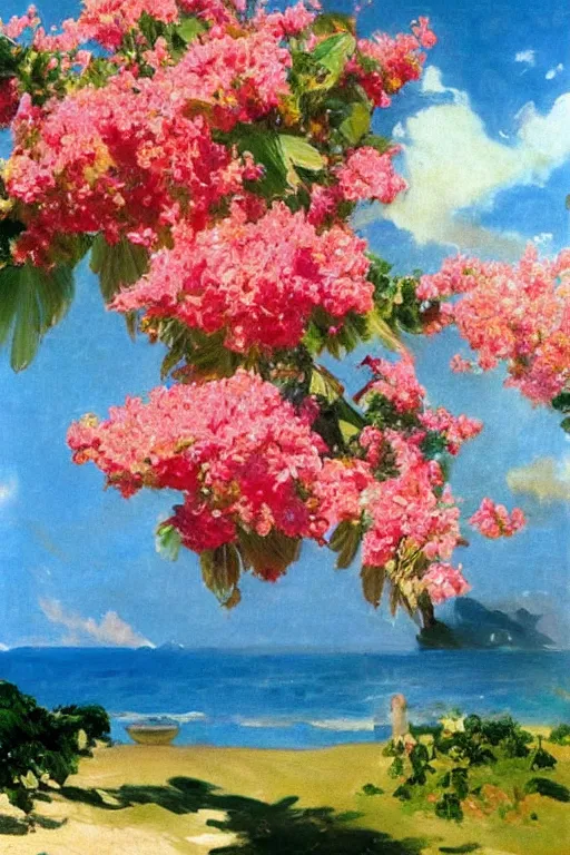 Image similar to sun in the sky blazing, beach, bunch of roses on the sea surface, bougainvillea palms, painting by john singer sargent