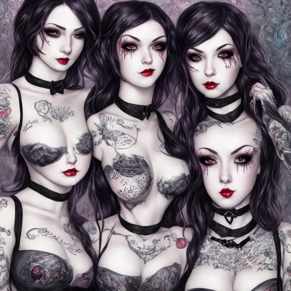 Image similar to two beautiful pale skin cosplay girls, gray eyes, black hair, fully tattooed body, fishnet corset with choker, clothes fully on, symmetrical, beautiful detailed face, masterpiece, paint by artgerm