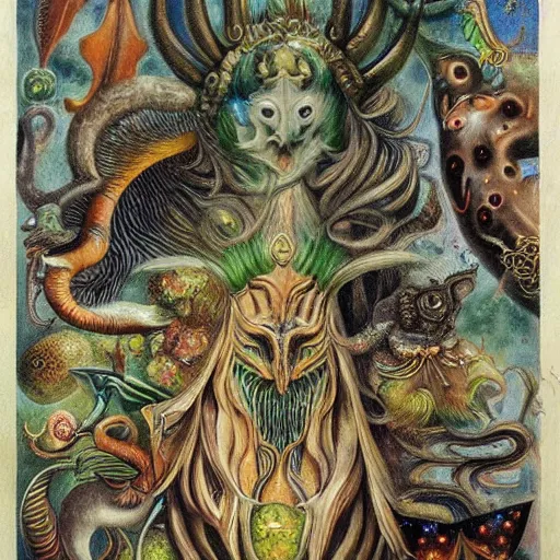 Image similar to strange mythical beasts of whimsy, surreal oil painting by ronny khalil and leonora carrington, drawn by ernst haeckel, as an offering to zeus