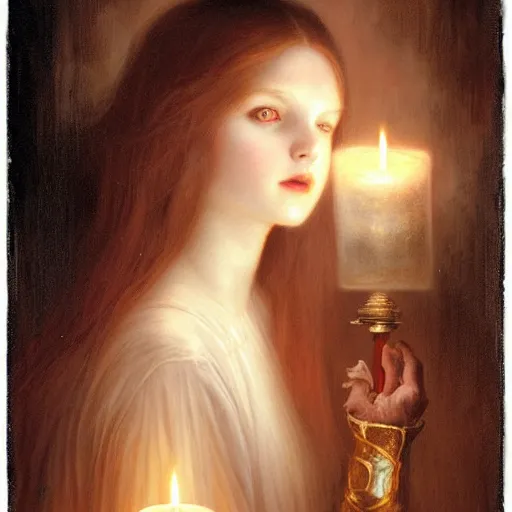 Image similar to pale young ghost girl, dark hair, by tom bagshaw, by gaston bussiere, candlelight