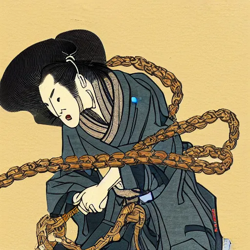 Prompt: by hokusai, samurai man vagabond, the samurai is wrapped in chains, detailed, editorial illustration, matte print, concept art, ink style, sketch, digital 2 d