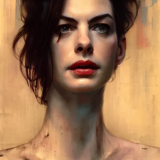 Image similar to ann hathaway, hyperrealistic portrait, bladerunner street, art of elysium by jeremy mann and alphonse mucha, fantasy art, photo realistic, dynamic lighting, artstation, poster, volumetric lighting, very detailed face, 4 k, award winning, cinematic lighting