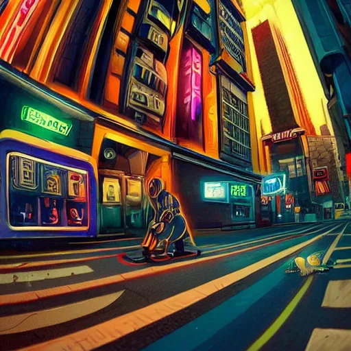 Prompt: 2 3 rd century!!!!! town street, cinematic photography, vibrant, semi - cyberpunk, fisheye!!!!! lens, ( ( ( ( ( worm's - eye view ) ) ) ) ), illustrated by max hay, artstation, cgsociety contest winner, dramatic lighting, vignette