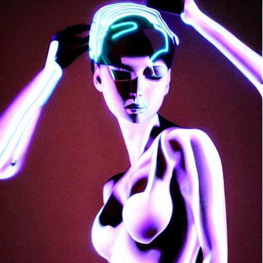 Image similar to hajime sorayama inspired portrait of a woman, bokeh, slow flash sync, dramatic lighting, neon colors, chrome, metal, shiny chrome