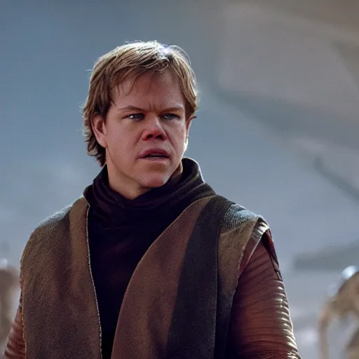 Image similar to matt damon as luke skywalker in star wars episode 6, 8k resolution, full HD, cinematic lighting, award winning, anatomically correct