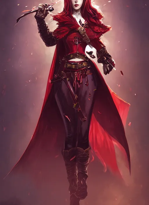Image similar to a highly detailed illustration of beautiful long dark red haired woman wearing wine red epaulette uniform and coat cape, dramatic wielding strings pose, intricate, elegant, highly detailed, centered, digital painting, artstation, concept art, smooth, sharp focus, league of legends concept art, wlop