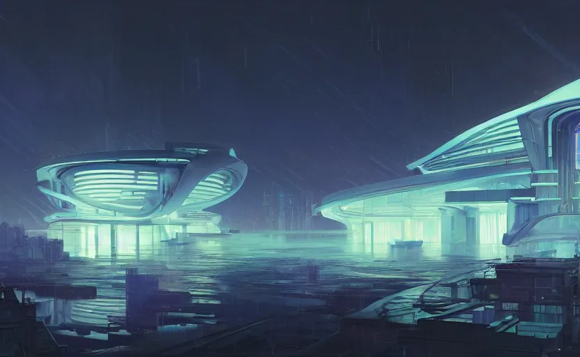 Image similar to painting of a wide angle exterior shot of a white modern futuristic cyberpunk architecture with neon lights in the middle of an english garden with cinematic lighting by peter zumthor and renzo piano, darek zabrocki and greg ruthkowski, alphonse mucha, simon stalenhag and cinematic and blue cold atmospheric, archillect concept art, artstation, trending on artstation