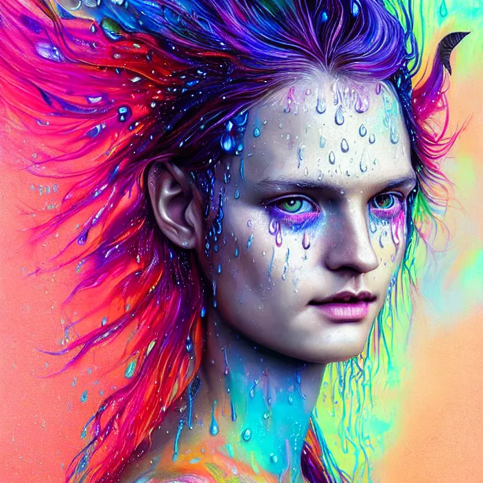 Image similar to bright psychedelic portrait with rain on face and wet hair, wings, smiling, diffuse lighting, fantasy, intricate, elegant, highly detailed, lifelike, photorealistic, digital painting, artstation, illustration, concept art, smooth, sharp focus, art by John Collier and Albert Aublet and Krenz Cushart and Artem Demura and Alphonse Mucha