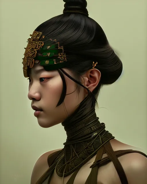 Prompt: symmetry, samurai, lines, brown skin, green iris, vray, machine face, intricate, elegant, highly detailed, digital painting, artstation, cgsociety, concept art, smooth, sharp focus, illustration, yoshitaka amano, art by camille corot and karol bak and kim tschang yeul, 8 k