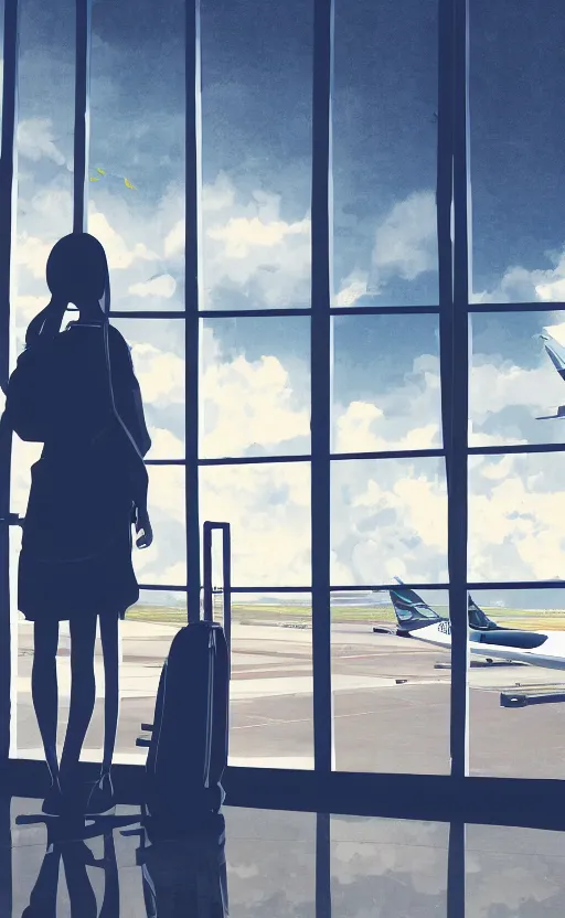 Image similar to a girl walking her luggage in front of the airport window, anime slice of life wallpaper, professional digital art, 4k ultra