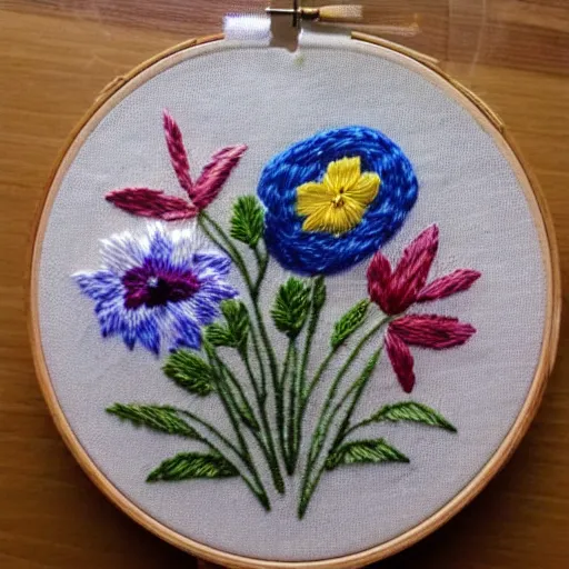 Prompt: a tiny beautiful handmade embroidery of a weddibg bouquet. hand embroidery.