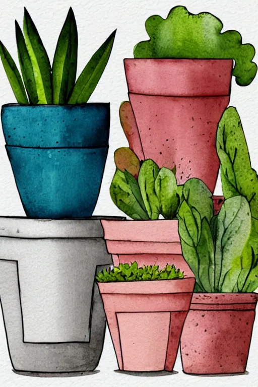 Image similar to minimalist watercolor art of cute flower pots on white background, illustration, vector art