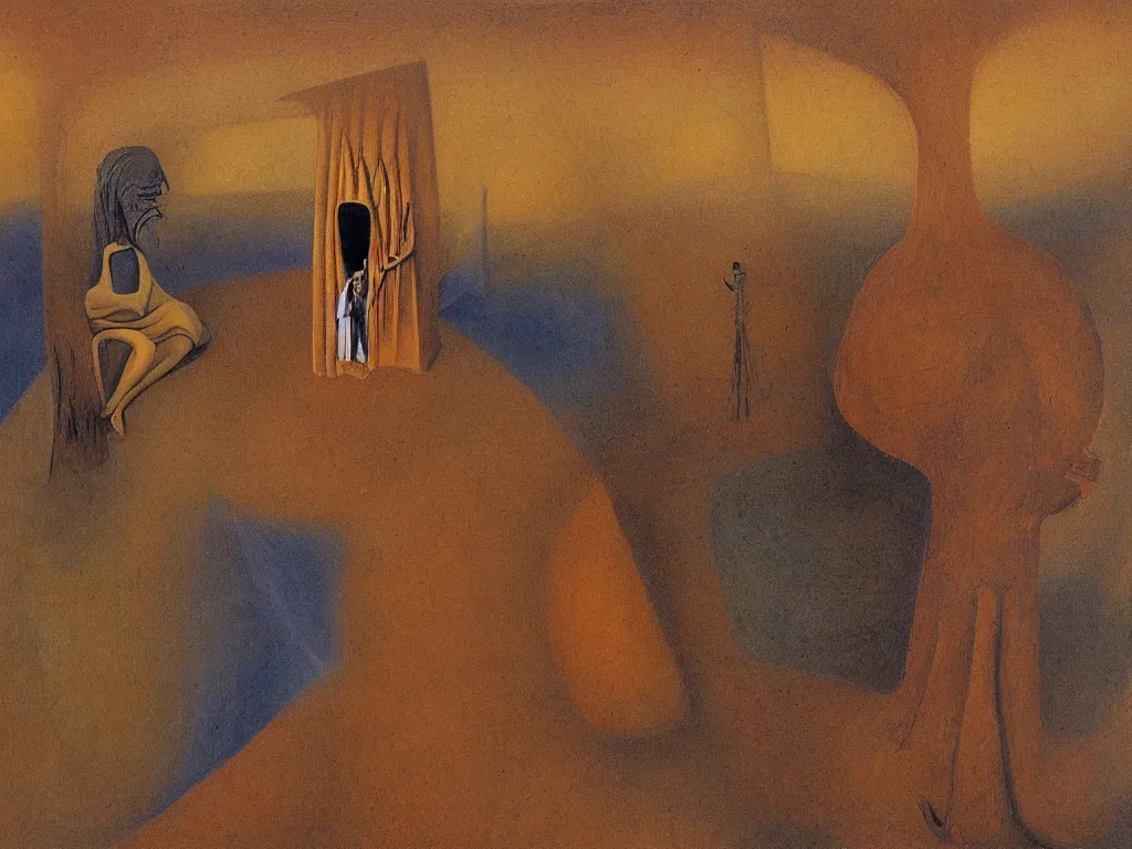 Image similar to scene with figure in the desert. painting by remedios varo