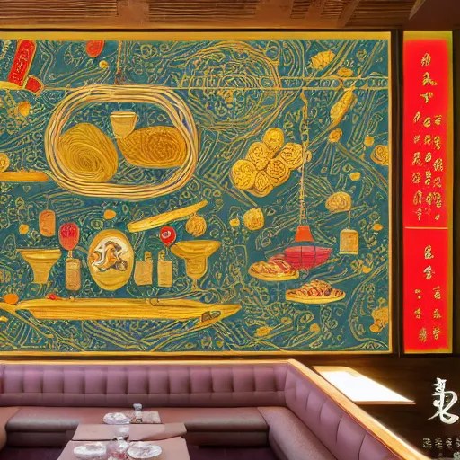 Image similar to a beautiful hyperdetailed interior 4 k hd wallpaper illustration of roasted string hotpot restaurant restaurant yan'an, wall painting, from china, with merchant logo, fine delicate structure, chinese style, victo ngai