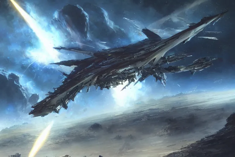 Image similar to a pterodactyl mecha, fighter-jet sized, smooth, john berkey white plastic panels, heavily armed by Craig Mullins and Scott Robertson nebula like clouds in space background near a ringed gas giant, distant explosions and spaghetti-like missile rocket exhaust trails by Dylan Cole and federico pelat cinematic lighting, hyper detailed hyper detailed, 8k, ultra realistic, cinematic lighting, ultra wide 35mm lens