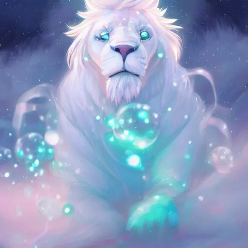 Image similar to aesthetic portrait commission of a albino male furry anthro lion entering a heavenly coherently shaped void made out of bubbles while wearing a cute mint colored cozy soft pastel wizard outfit, winter Atmosphere. Character design by charlie bowater, ross tran, artgerm, and makoto shinkai, detailed, inked, western comic book art, 2021 award winning painting