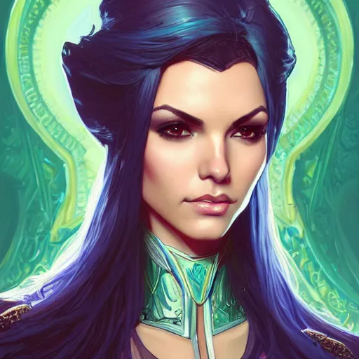 Image similar to Victoria Justice with teal hair and green eyes as Emma Frost, western, D&D, fantasy, intricate, elegant, highly detailed, digital painting, artstation, concept art, matte, sharp focus, illustration, art by Artgerm and Greg Rutkowski and Alphonse Mucha