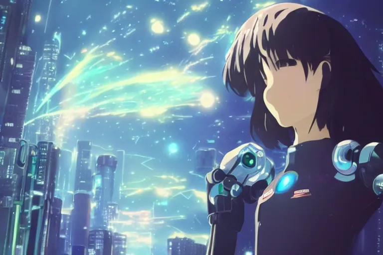 Prompt: makoto shinkai. robotic android girl. futuristic cyberpunk. dystopia. vibrant nebula. ........................... robotics