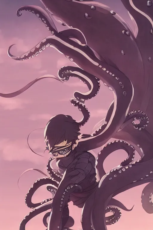 Image similar to key anime visuals of an octopus ninja, dressed as a ninja and fighting with a katana. highly detailed, intricate, directed by makoto shinkai, anime manga style, trending on art station.