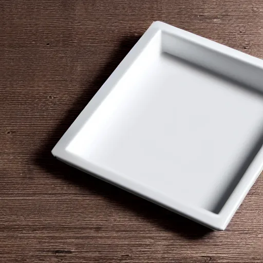 Prompt: tray, in the shape of a square, floating in a white room, photo realistic