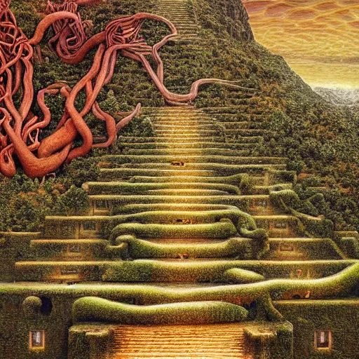 Prompt: intricate stunning highly detailed illustration of the inca lost city of gold, red blood blood blood rivers running through stairs, blood red 🌱, by agostino arrivabene and vladimir kush, surreal, digital painting, ultra realistic, dramatic lighting, twisted vines, lush plants, gold, inca, pristine water, artstation