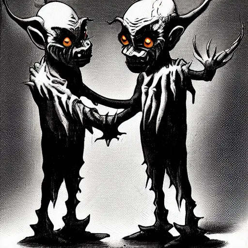 Prompt: two goblin demons shaking hands and looking at the camera, horror, nightmare, terrifying, surreal, nightmare fuel,