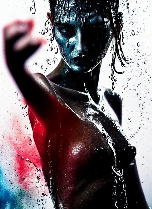 Prompt: fierce wet fashion model, in the style of irakli nadar, liquid metal top, effervescent, colourful, dark, brooding, poster art, high detail, hyperrealistic watercolor, deep mood, hyperrealism, 3 d, epic and cinematic, roger deakins on cinematography