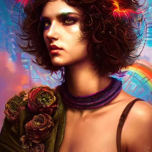 Prompt: Lofi cyberpunk portrait beautiful woman with short brown curly hair, roman face, phoenix, rainbow, floral, Tristan Eaton, Stanley Artgerm, Tom Bagshaw