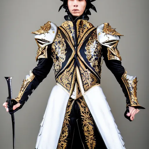 Image similar to Austin Butler dressed in futuristic-baroque duelist-garb and battle armor, standing in an arena, XF IQ4, f/1.4, ISO 200, 1/160s, 8K, RAW, unedited, symmetrical balance, face in-frame