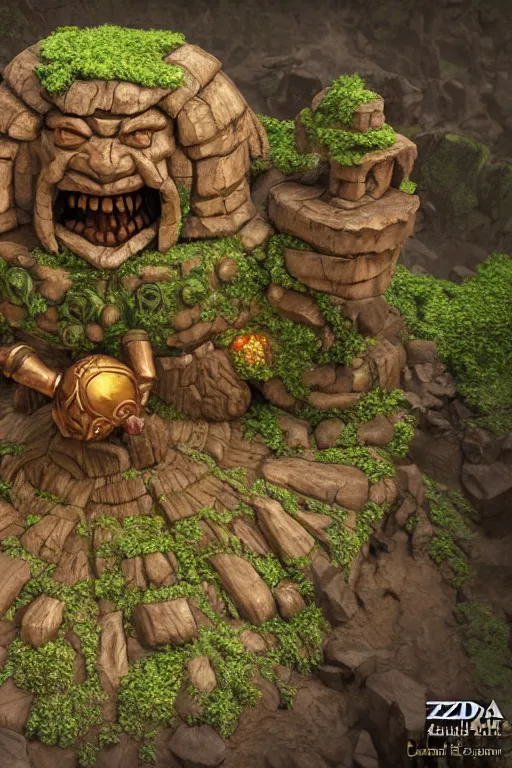 Image similar to zelda fantasy art giant golem troll wood rock greeble gemstone, global illumination ray tracing hdr fanart arstation by sung choi and eric pfeiffer and gabriel garza and casper konefal