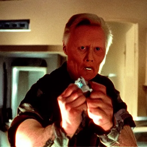 Prompt: john voight is a ghostbuster, capturing jane lynch horrible scary poltergeist, practical effects, monster makeup, gritty film, melting face, skeletal scream