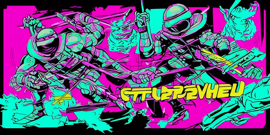 Image similar to vaporwave, vector graphics, ninja turtles, shredder, synthwave, neon