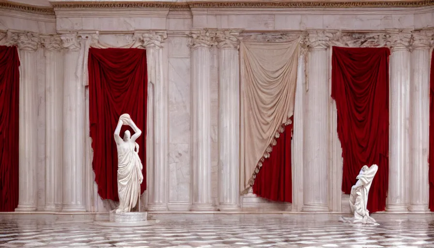 Prompt: 1 9 7 0 s movie still of socrate in red drapery in a marble neoclassical building with waterfall and collums, cinestill 8 0 0 t 3 5 mm, high quality, heavy grain, high detail, panoramic, ultra wide lens, cinematic light, dramatic light, flares anamorphic