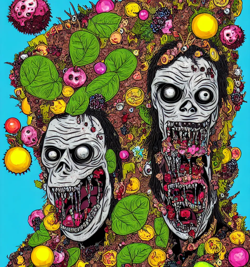 Prompt: portrait of a zombie punk rock teenager, leather jacket, ripped jeans, spikes, head made of fruit gems and flowers in the style of arcimboldo, basil wolverton, kenny scharf, cartoonish graphic style, street art, silkscreen pop art, fantasy, throwback style