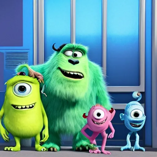 Prompt: monsters Inc sully standing next to a group of sully clones