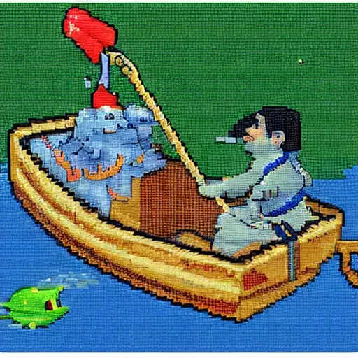 Image similar to 2 5 6 px by 2 5 6 px. expensive pixel work, masterpiece with dithering in the right places, pixel art shrek fishing on a sailboat