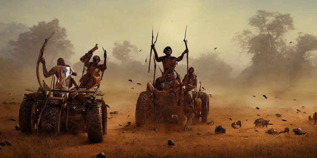 Image similar to ancient indian tribesman hunting on atv buffalo herd, wooden wheels, attacking, chase, action scene, an epic fantasy, dramatic lighting, cinematic, establishing shot, extremely high detail, photorealistic, cinematic lighting, artstation, octane render, by simon stalenhag, horizon forbidden west,old photo, high speed photography, vintage, extreme sports