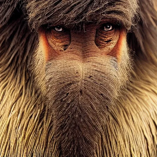 Image similar to “national geographic photo of a newly-discovered creature which lives at the highest peaks of the Himalayas, the creature is a cross between a woolly mammoth and a Neanderthal man, the background is a forest at the top of a mountain, the lighting is like dusk, hyper realistic photographic portrait of the creature, extreme close-up detail of its face which looks like a hybrid mammoth and human, with piercing blue eyes and protruding teeth”