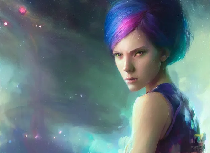 Prompt: a girl with rainbow hair standing in a sci - fi spaceship, official art, gorgeous detailed face, by jeremy lipking, by artgerm, realistic expressive oil painting, cgsociety, anime style, detailed interior, movie still