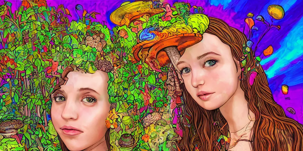 Prompt: portrait of cute hippy girl with mushrooms growing out her head. background psychedelic landscape. highly detailed photorealistic