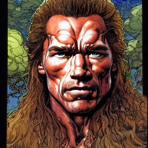 Image similar to a realistic and atmospheric portrait of arnold schwarzenegger as a druidic warrior wizard looking at the camera with an intelligent gaze by rebecca guay, michael kaluta, charles vess and jean moebius giraud