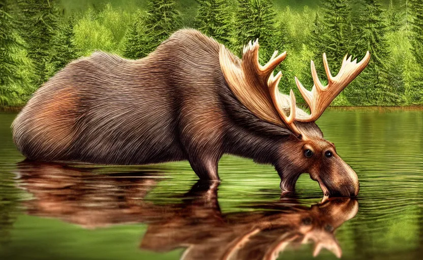 Prompt: moose beaver hybrid, tail, rodent, teeth, antlers, drinking at a lake, photorealistic, photography, nature, forest, wildlife