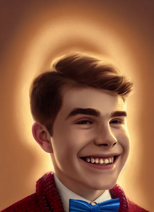 Image similar to portrait of teenage archie andrews, freckles, curly middle part haircut, curly hair, middle part hairstyle, smiling kindly, wearing a bowtie and sweater vest, intricate, elegant, glowing lights, highly detailed, digital painting, artstation, concept art, smooth, sharp focus, illustration, art by wlop, mars ravelo and greg rutkowski