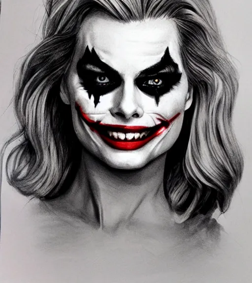 Prompt: margot robbie with joker makeup, pencil drawing, realistic face, beautiful eyes, smiling, hyper realistic, highly detailed